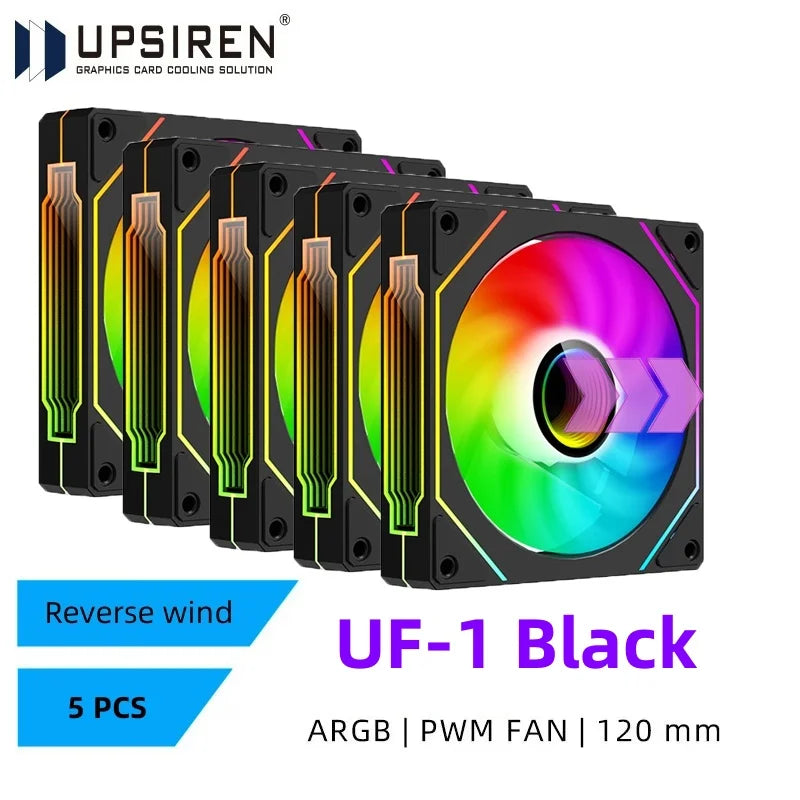 Set of five ARGB PWM fans with colorful design on a white background