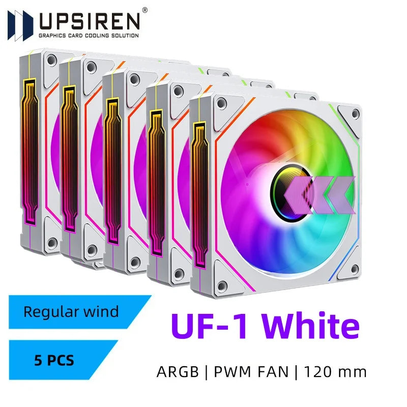 Pack of five ARGB PWM fans with a white frame on a white background