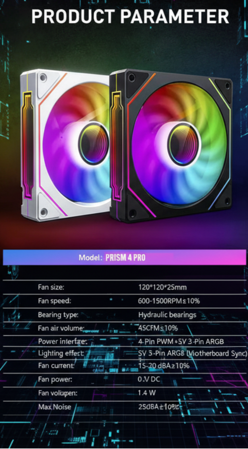 Two colorful 120mm computer cooling fans with product parameter details on a neo tech background.