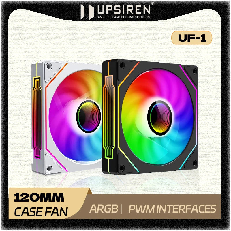 UPSIREN UF-1 PRISM 4 PRO 120mm ARGB computer fan illuminating a dark PC case.