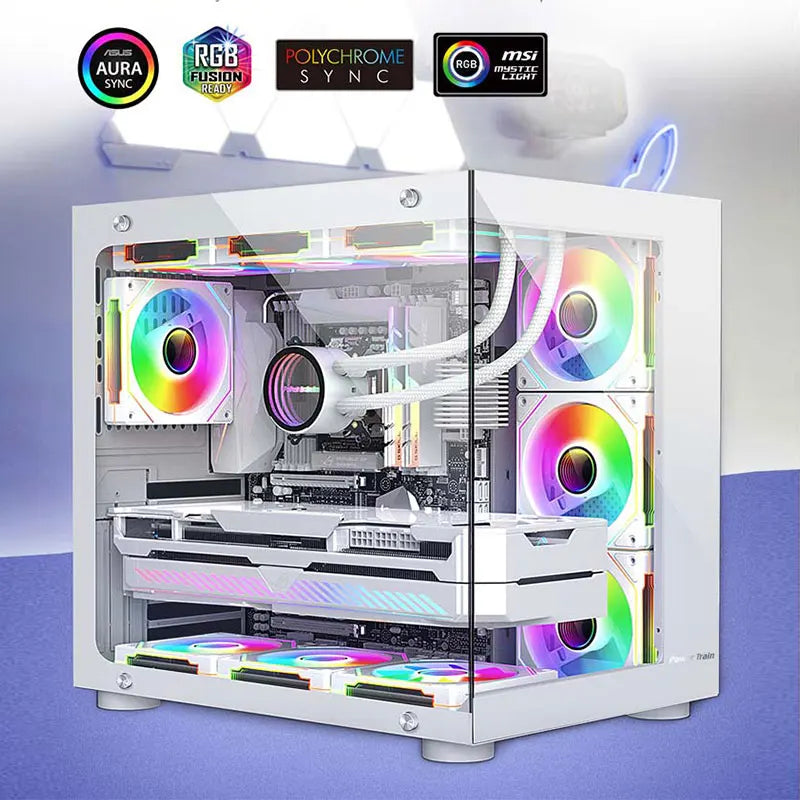 Open computer case with RGB lighting, cooling fans and visible hardware components on a gradient background