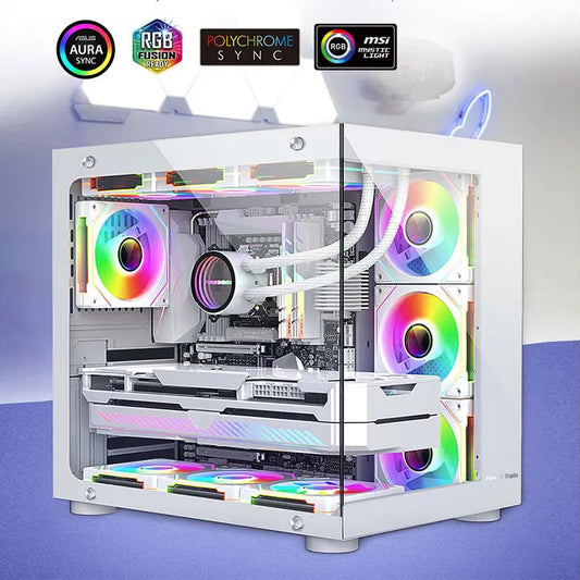 Open computer case with RGB lighting, cooling fans and visible hardware components on a gradient background