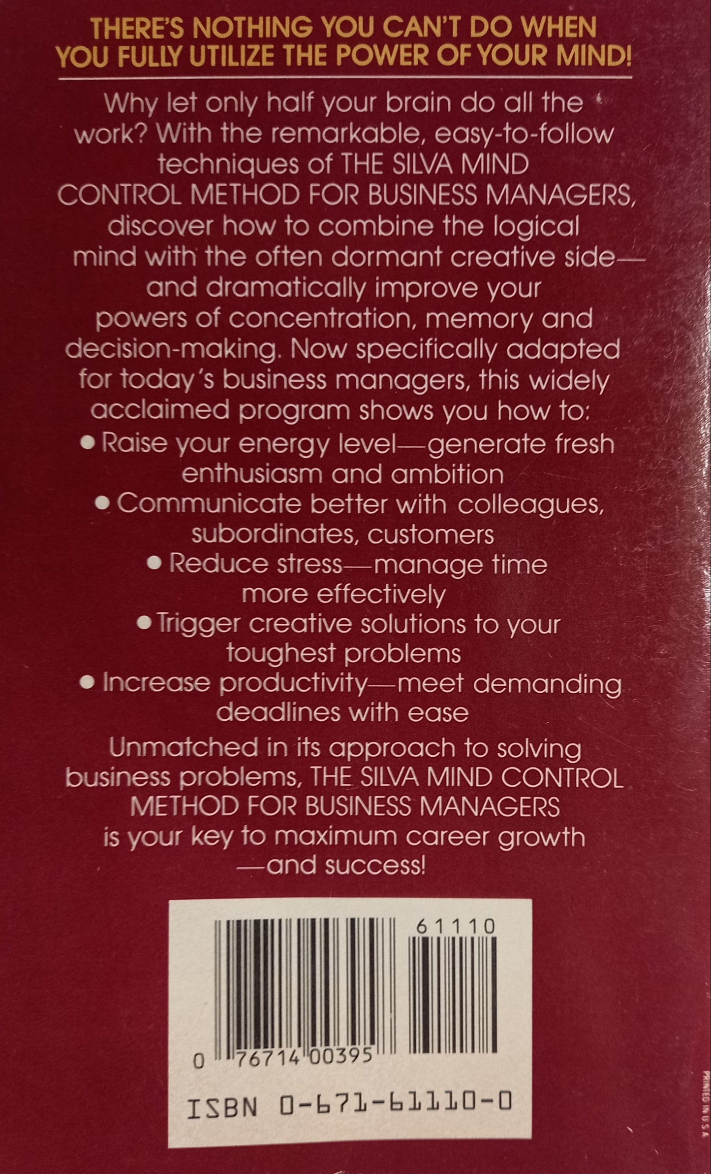 Back cover of the book The Silva Mind Control Method for Business Managers' by Jose Silva and Robert B. Stone, featuring book synopsis and related details.