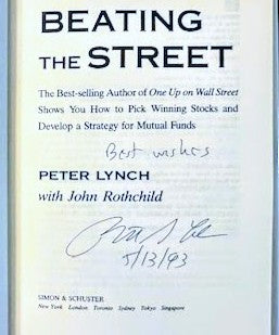 Book title page of 'Beating the Street' by Peter Lynch with John Rothchild, featuring a signature and date.