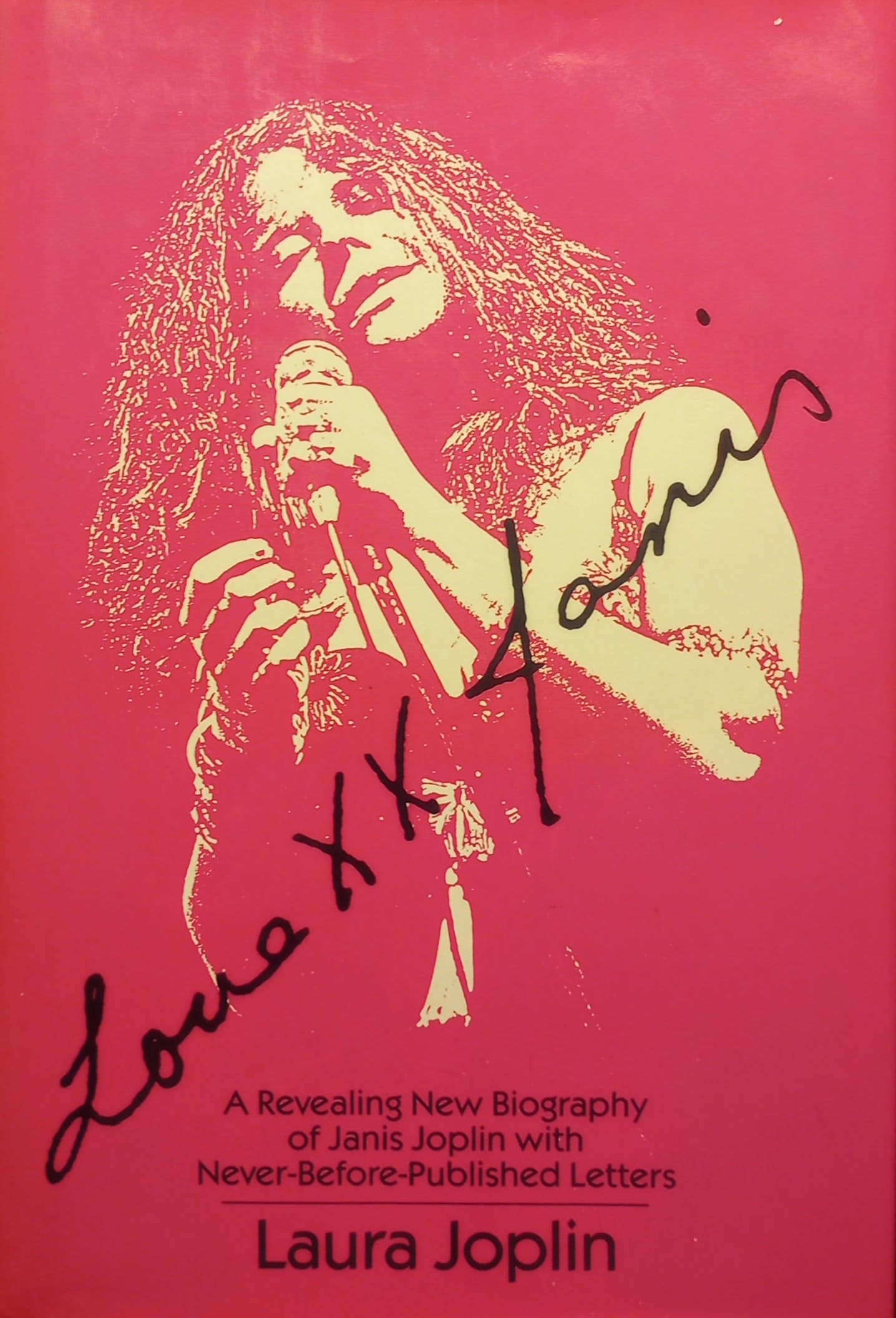 Book cover of 'Laura Joplin' with a stylized illustration of Janis Joplin on a pink background.