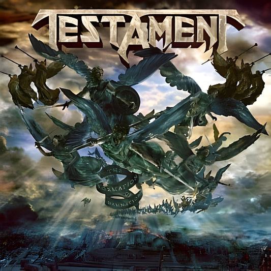 Album cover for 'The Formation of Damnation' by Testament with a warrior and ship design against a cloudy sky.