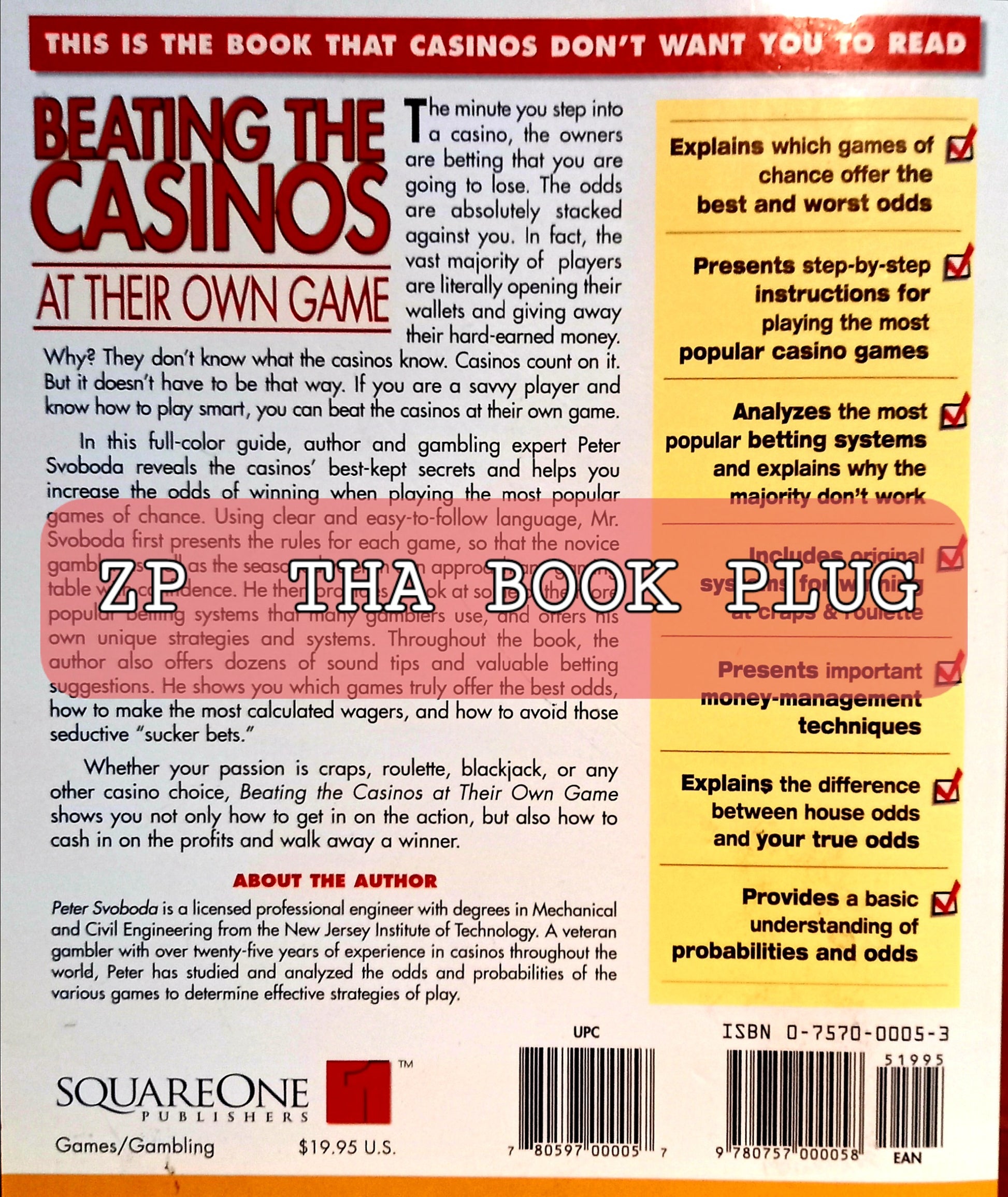 This image features the book back cover of the book "Beating the Casinos at Their Own Game" by Peter Svoboda. The cover design is straightforward and informative, displaying the book description and author biography.