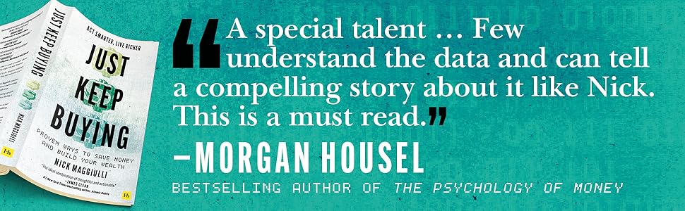 Book titled 'Just Keep Buying' with a quote by Morgan Housel on a teal background
