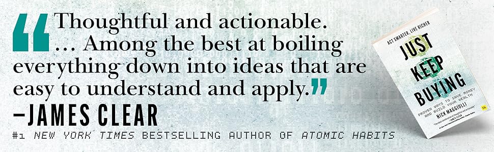 Book 'Just Keep Buying' with a quote by James Clear on a textured background