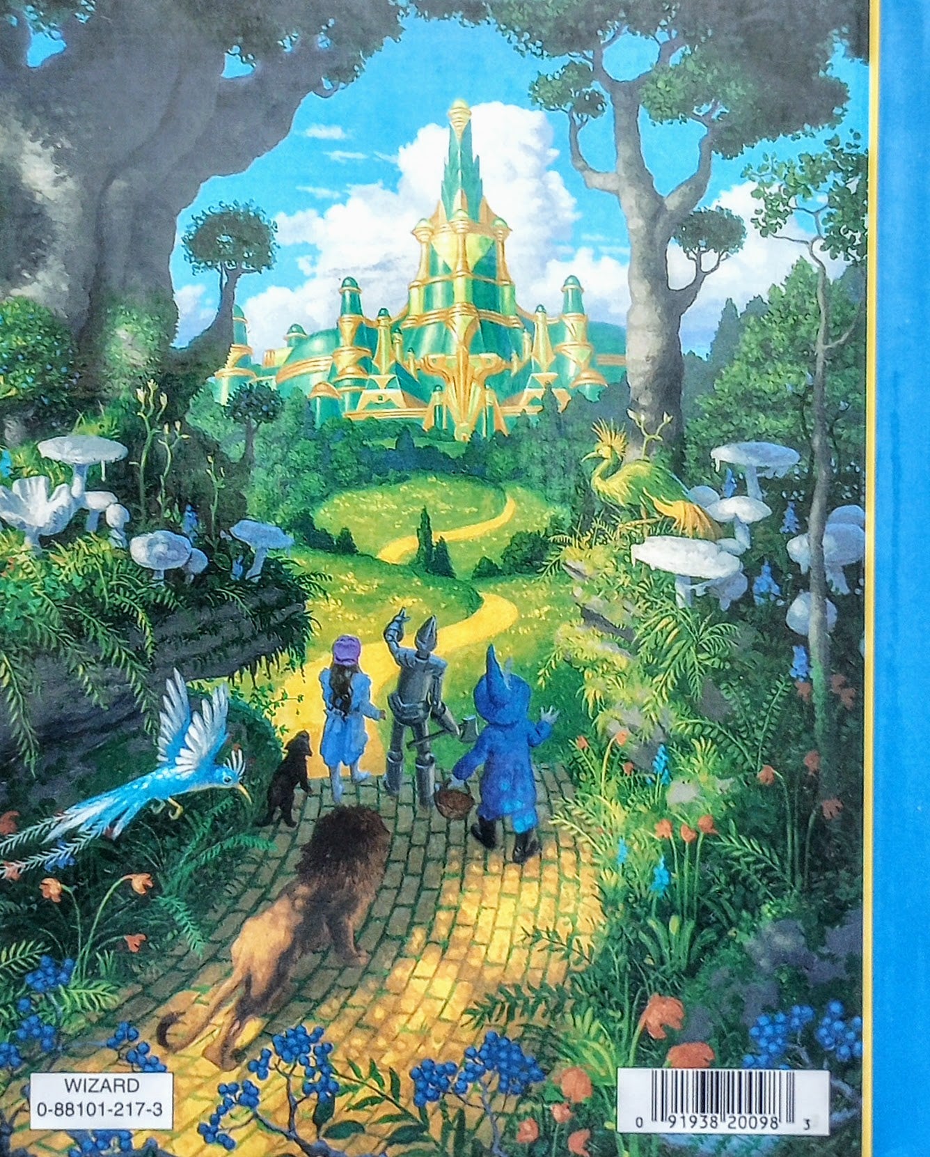 Fantasy scene with characters on a yellow brick road towards a glowing castle in a forest.