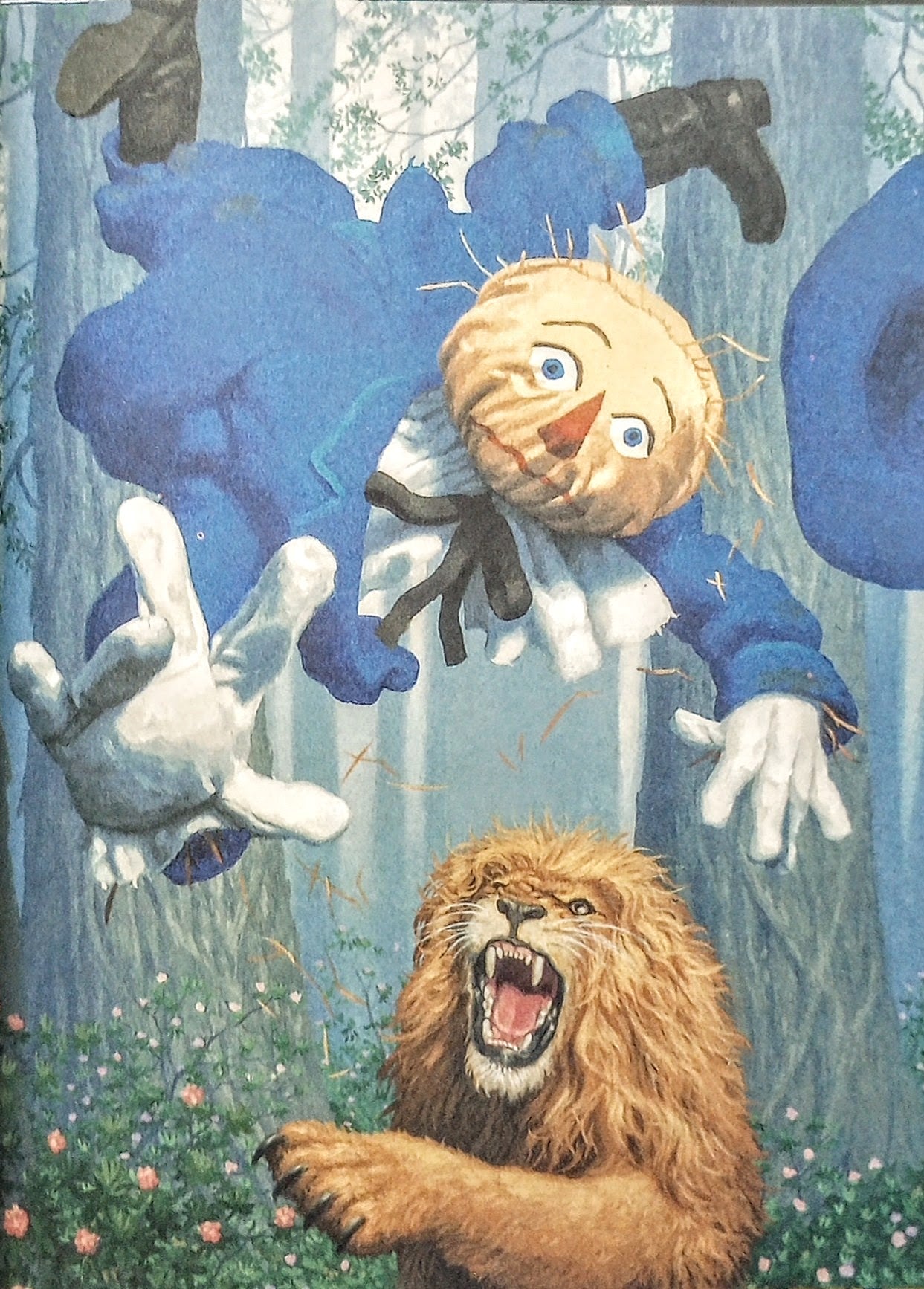 Illustration of a blue creature, a scarecrow, and a lion in a forest setting.