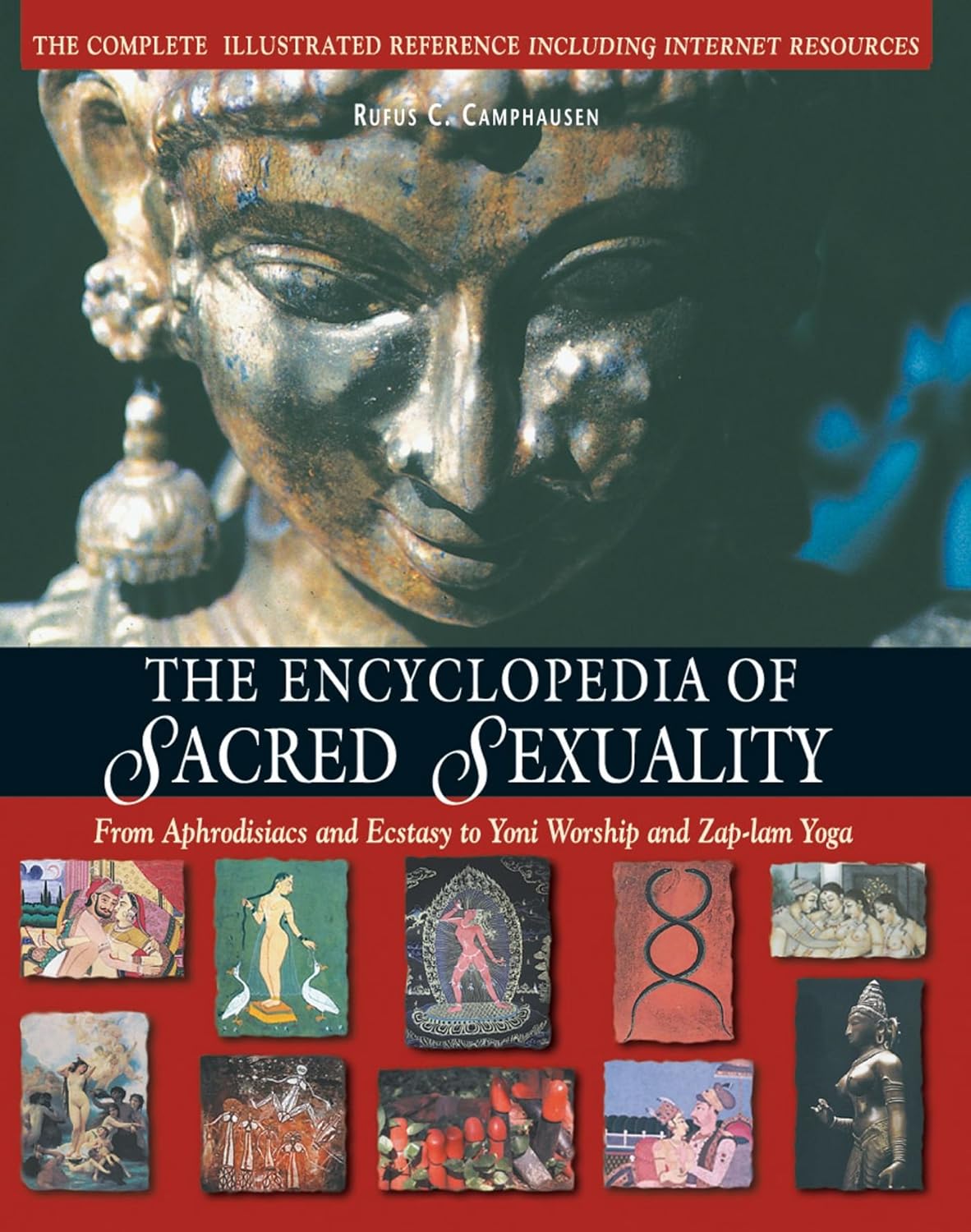 Book cover of 'The Encyclopedia of Sacred Sexuality' with a statue and illustrations on a red background