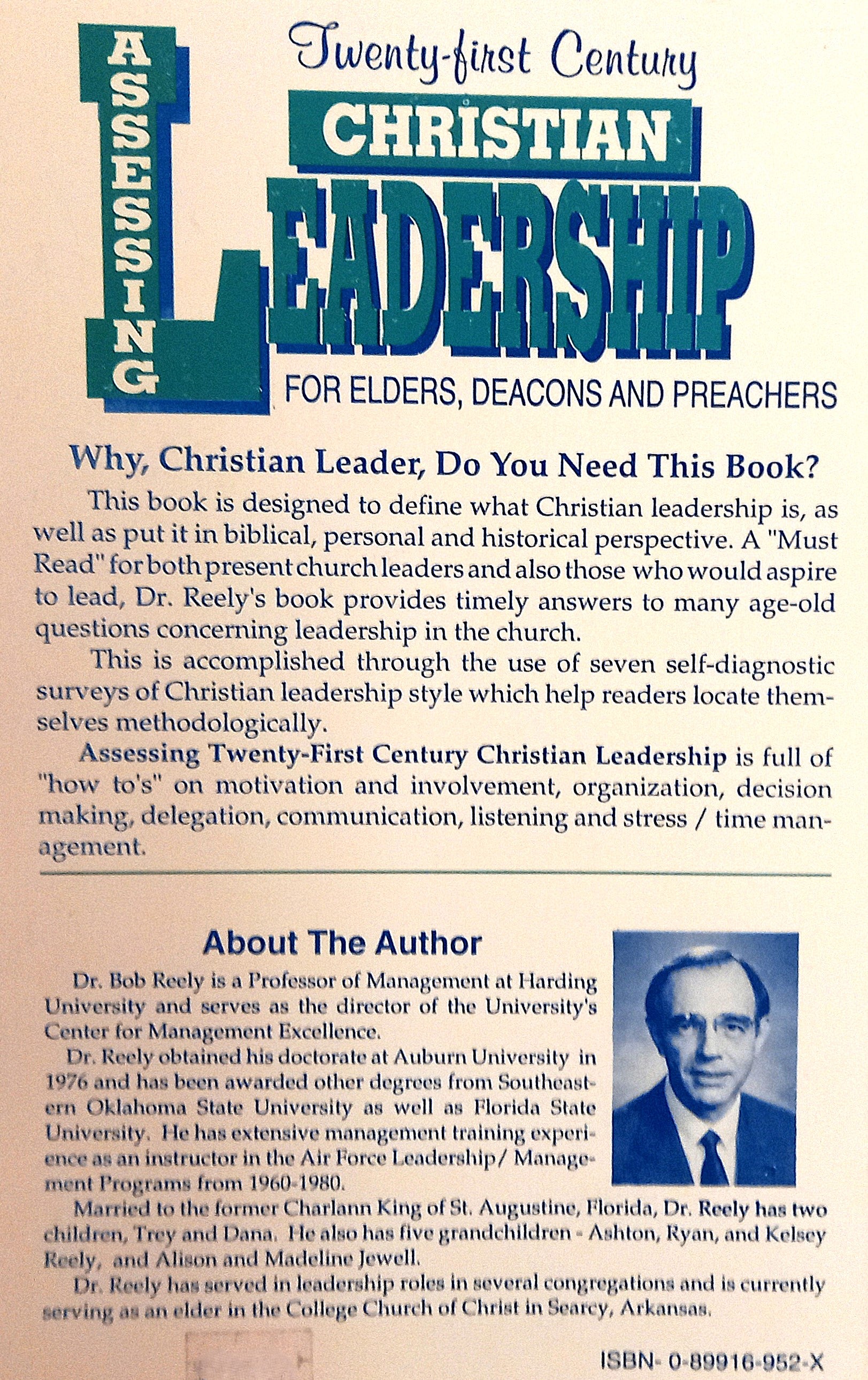 Book back cover of 'Assessing Twenty-First Century Christian Leadership' by Bob Reely, featuring the author's bio and photo and book synopsis.