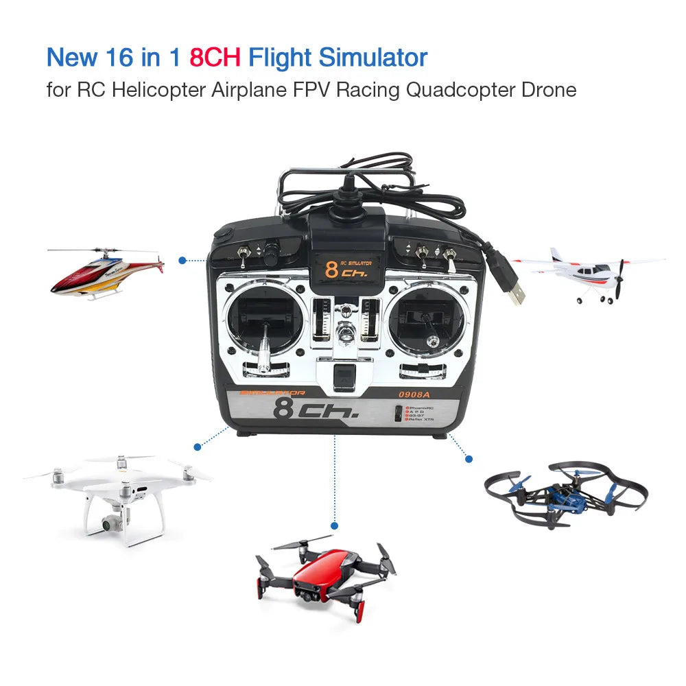 8CH flight simulator controller with RC helicopter, airplane, FPV racing, and quadcopter drone models on a white background.