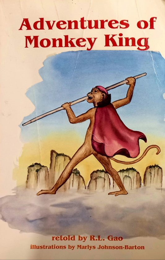 Cover of the book 'Adventures of Monkey King' showing an illustration of a monkey with a red scarf and a staff, against a blue background with a sun and clouds motif.