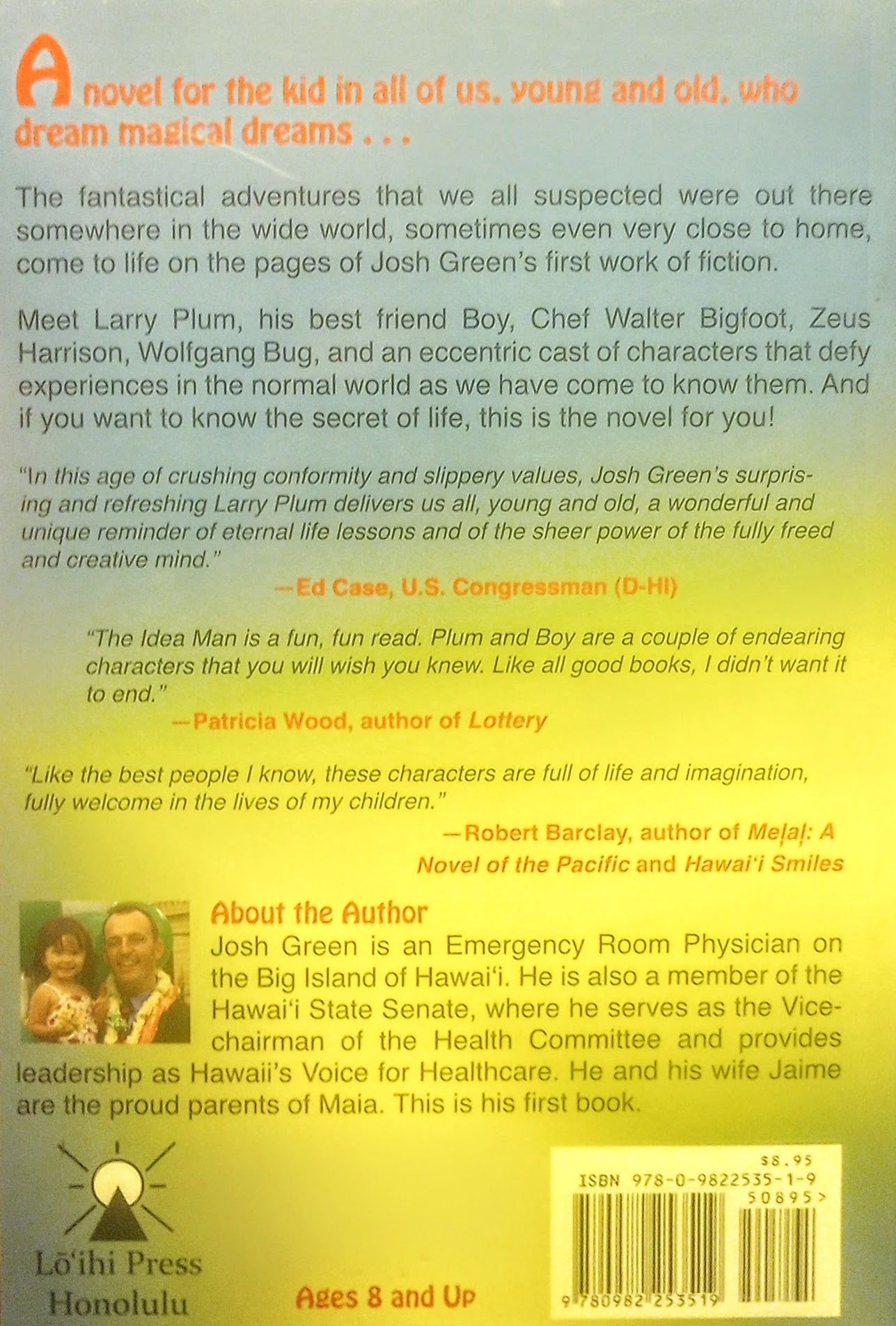 Back cover of a book with text and a barcode, featuring a man and child illustration.