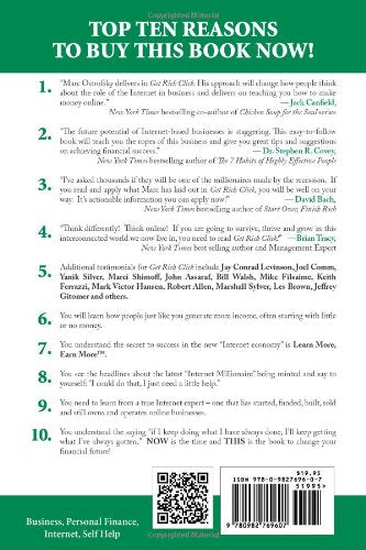 Back cover of a book 'Get Rich Click!' by Marc Ostrofsky with a list of reasons to buy it, featuring a QR code and book details.