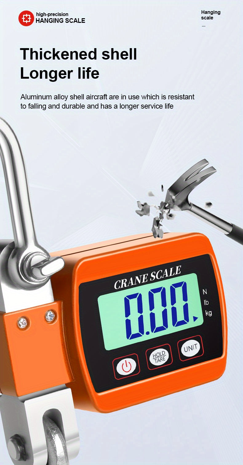 Digital crane scale with orange casing and digital display on a white background