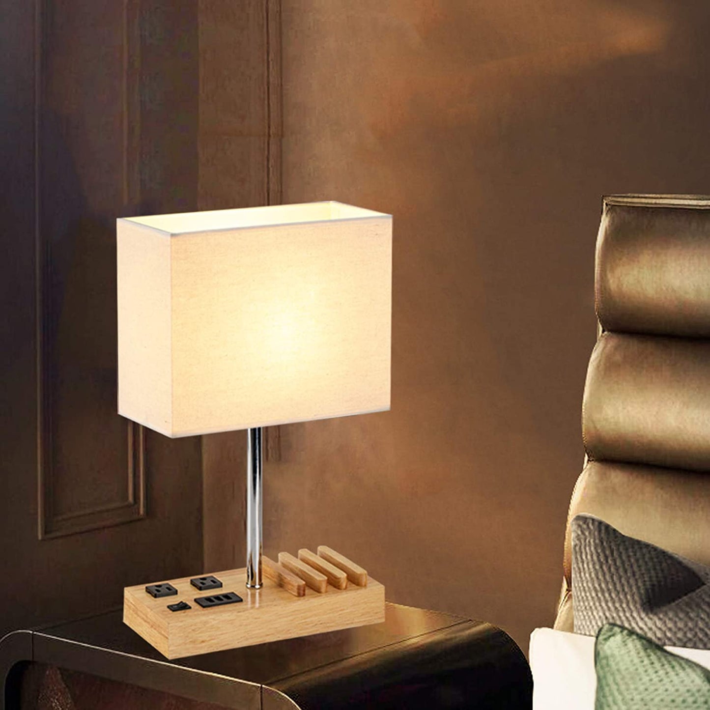 Woodgrain Desk Lamp (3) USB (2) AC Outlets & Sleek-Modern Phone Stands: Power Up Your Space
