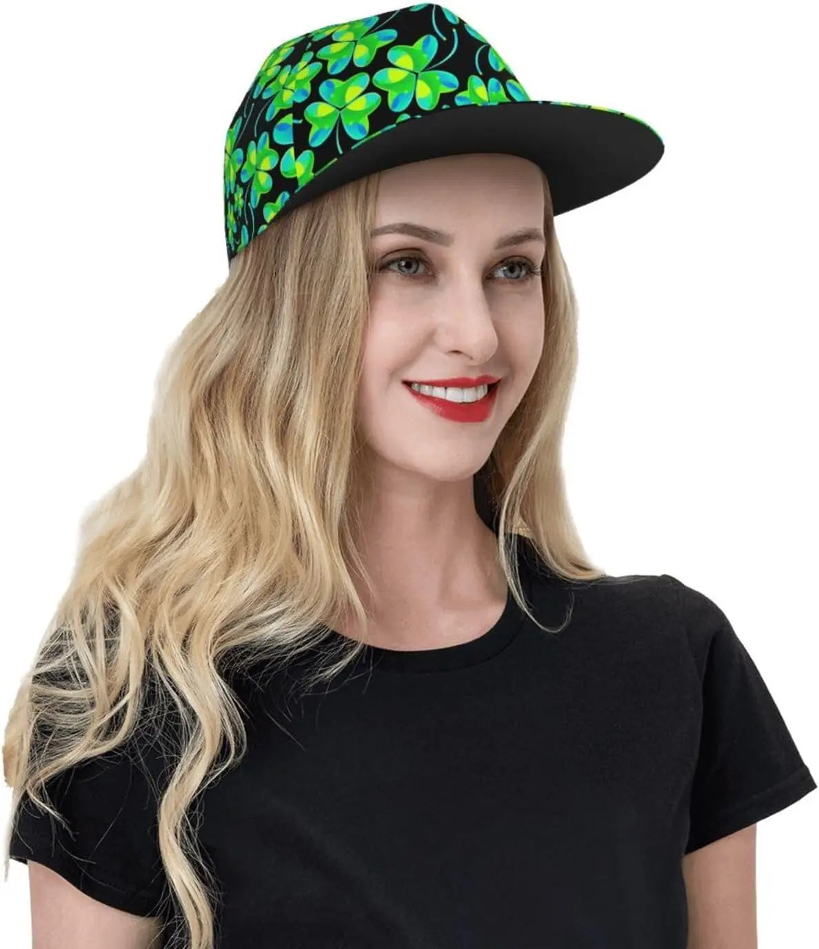 Female Model wearing Irish Shamrock Lucky-7 Snapback with 4-leaf clovers and charms in the style of the Snapback Shamrock design Tropical Charms