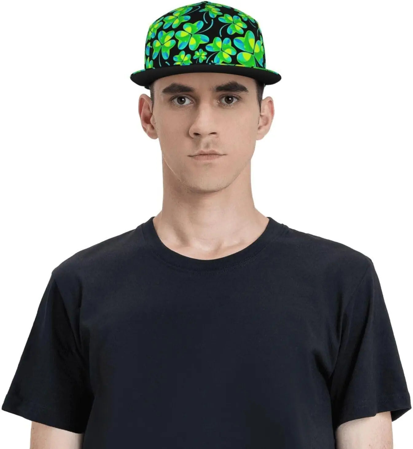 Man wearing Irish Shamrock Lucky-7 Snapback with 4-leaf clovers and charms in the style of the Snapback Shamrock design Tropical Charms