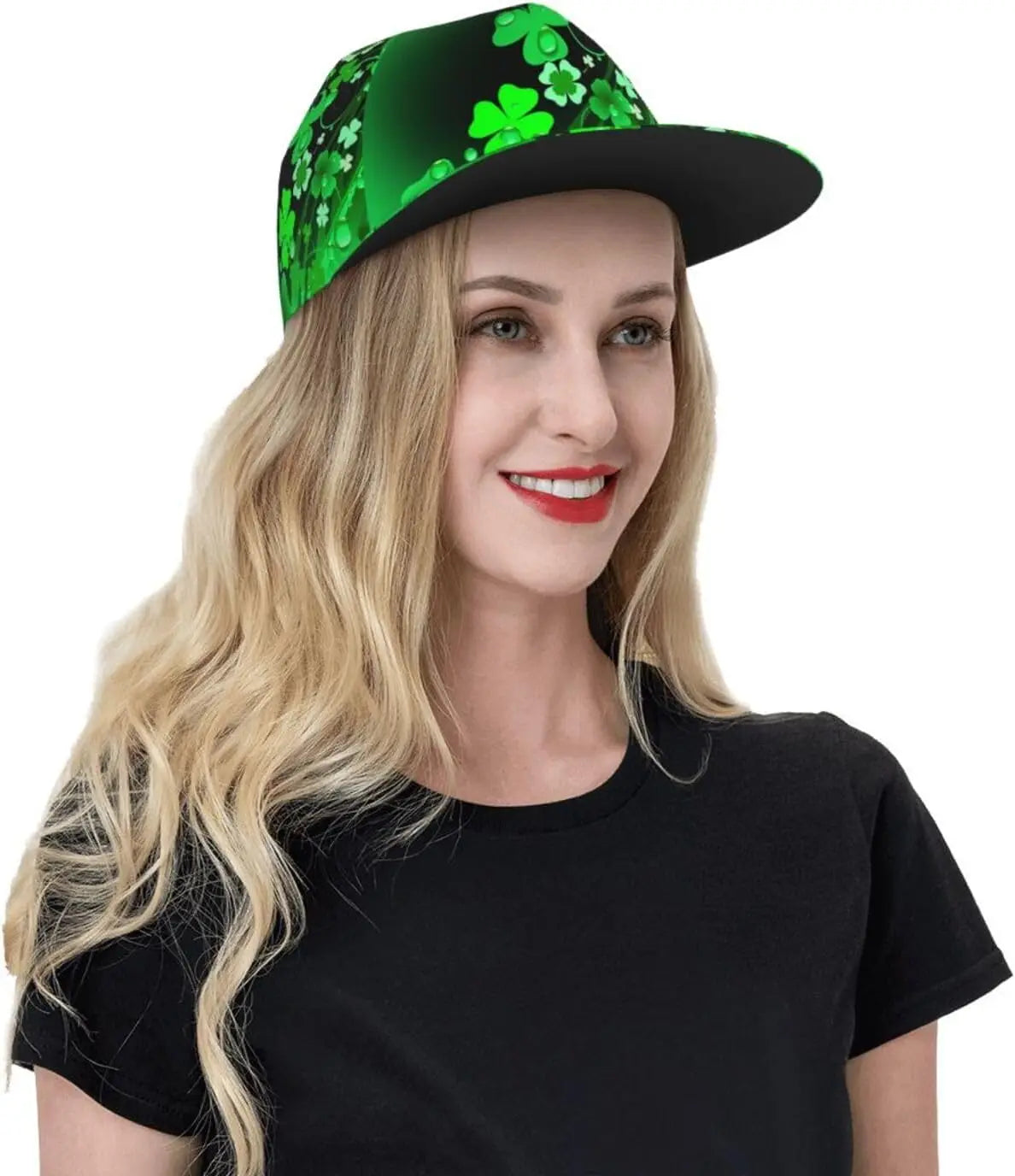 Model Woman wearing Irish Shamrock Lucky-7 Snapback with 4-leaf clovers and charms in the style of the Snapback Shamrock Illuminating Charms