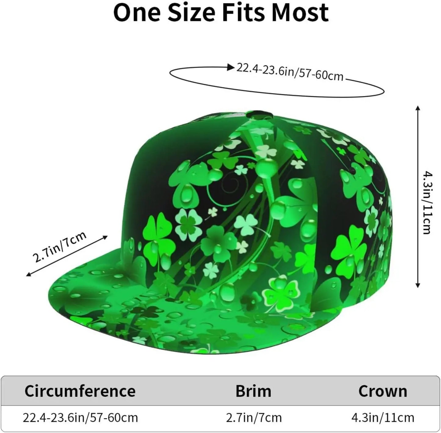 Multi angle image of Irish Shamrock Lucky-7 Snapback with 4-leaf clovers and charms in the style of the Snapback Shamrock design Illuminating charms size dimensions