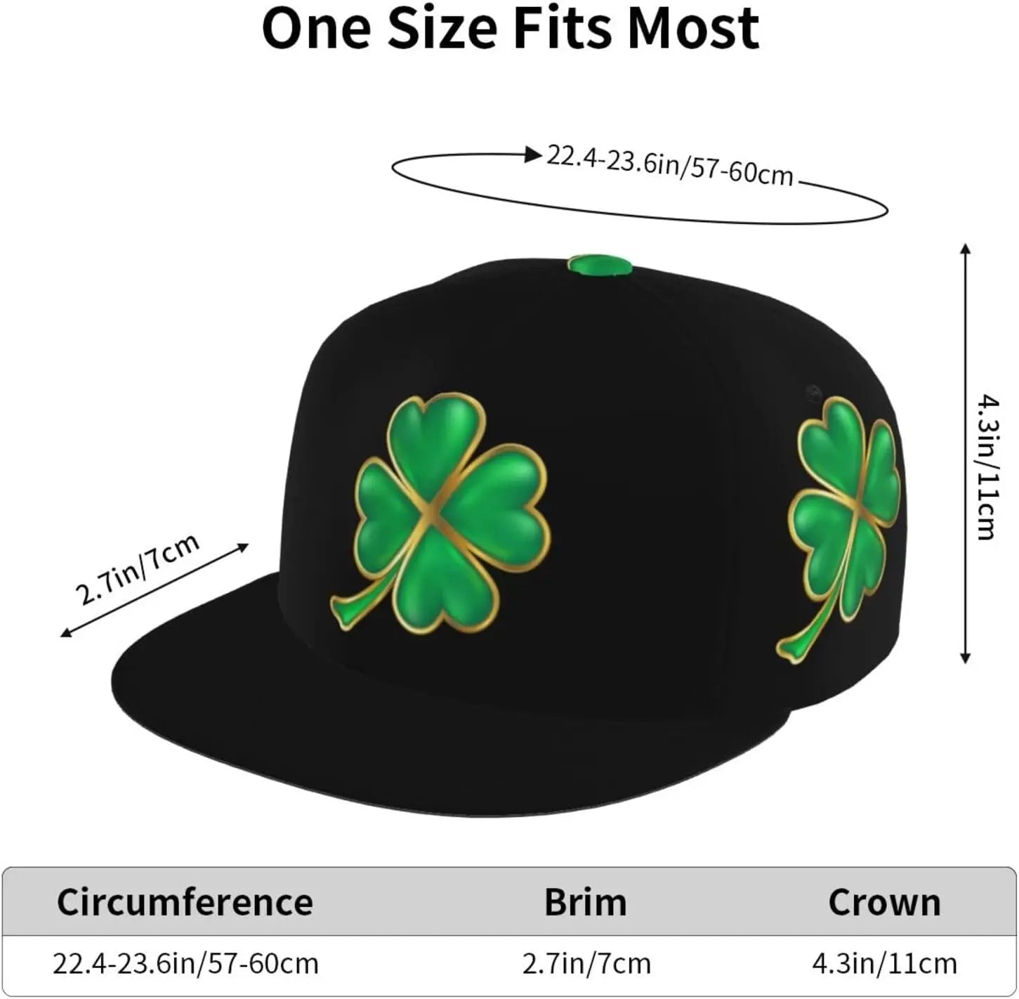 Multi angle image of Irish Shamrock Lucky-7 Snapback with 4-leaf clovers and charms in the style of the Snapback Shamrock design Solid charms size dimensions
