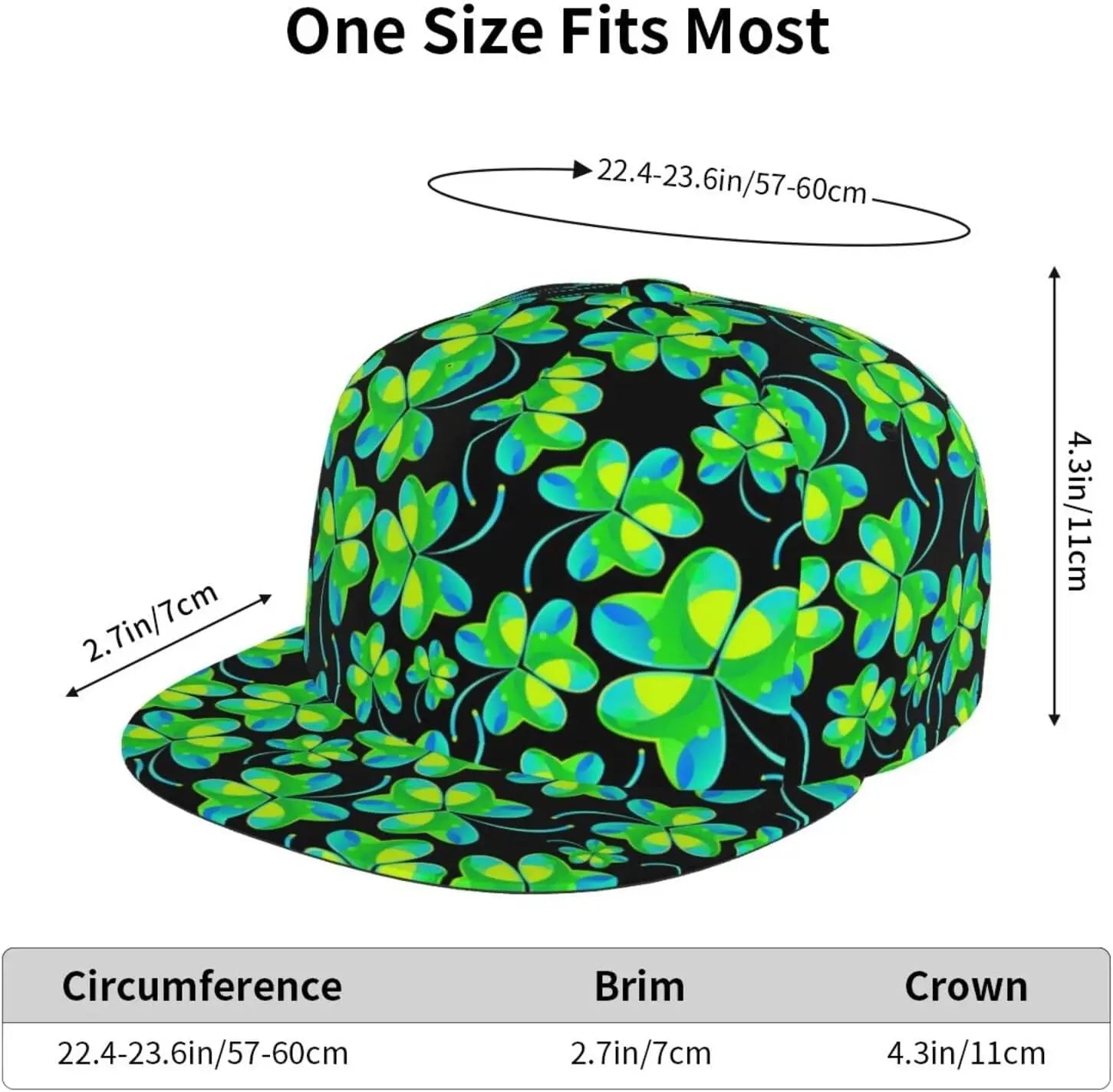 Multi angle image of Irish Shamrock Lucky-7 Snapback with 4-leaf clovers and charms in the style of the Snapback Shamrock design Tropical Charms size dimensions
