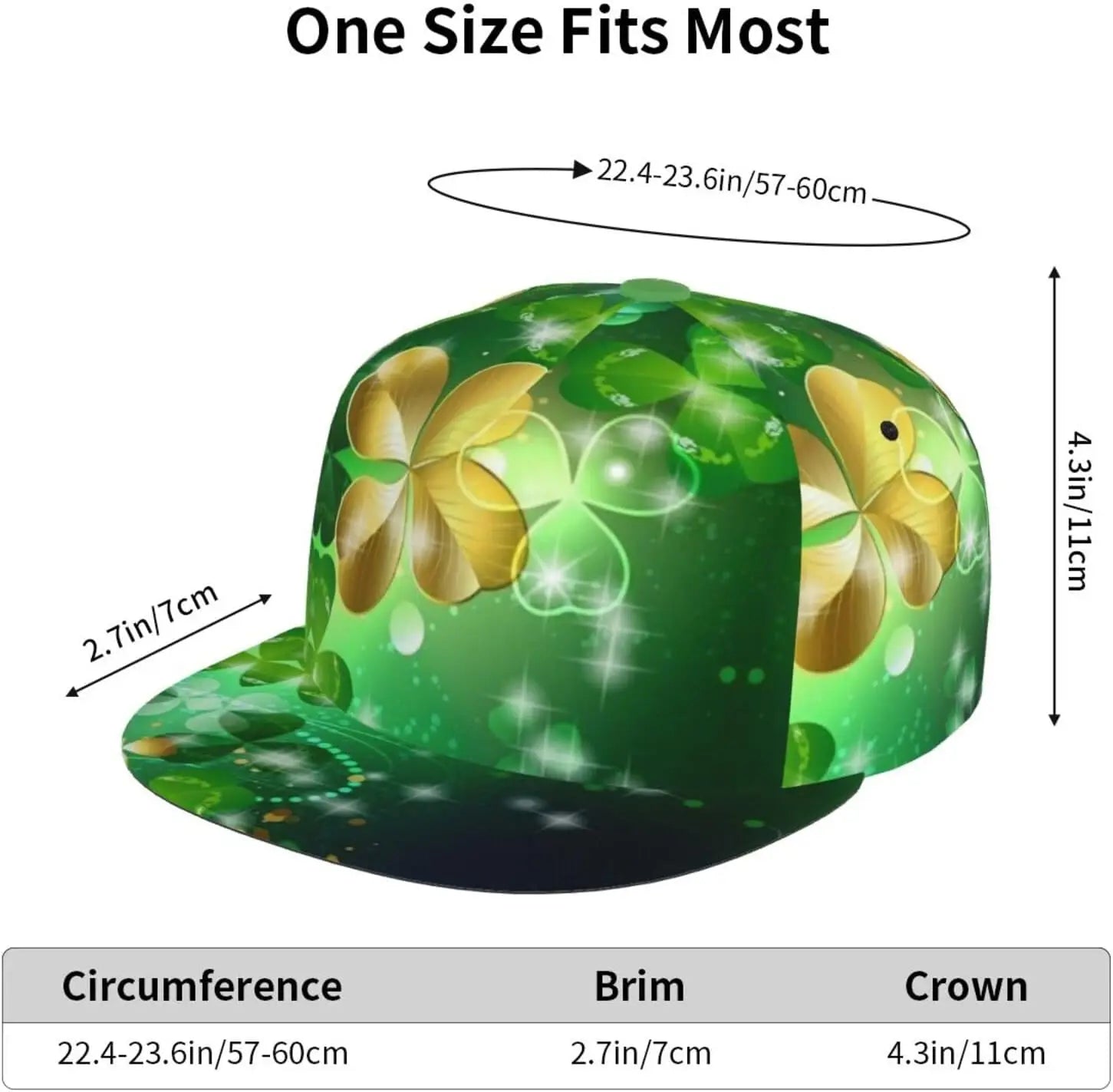 Multi angle image of Irish Shamrock Lucky-7 Snapback with 4-leaf clovers and charms in the style of the Snapback Shamrock design Fairy Charms size dimensions