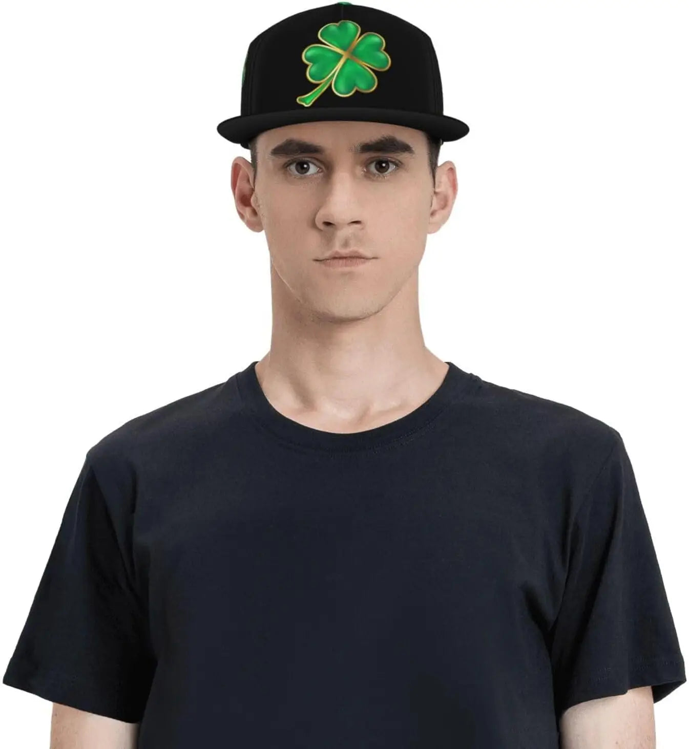 Man wearing Irish Shamrock Lucky-7 Snapback with 4-leaf clovers and charms in the style of the Snapback Shamrock design Solid Charms