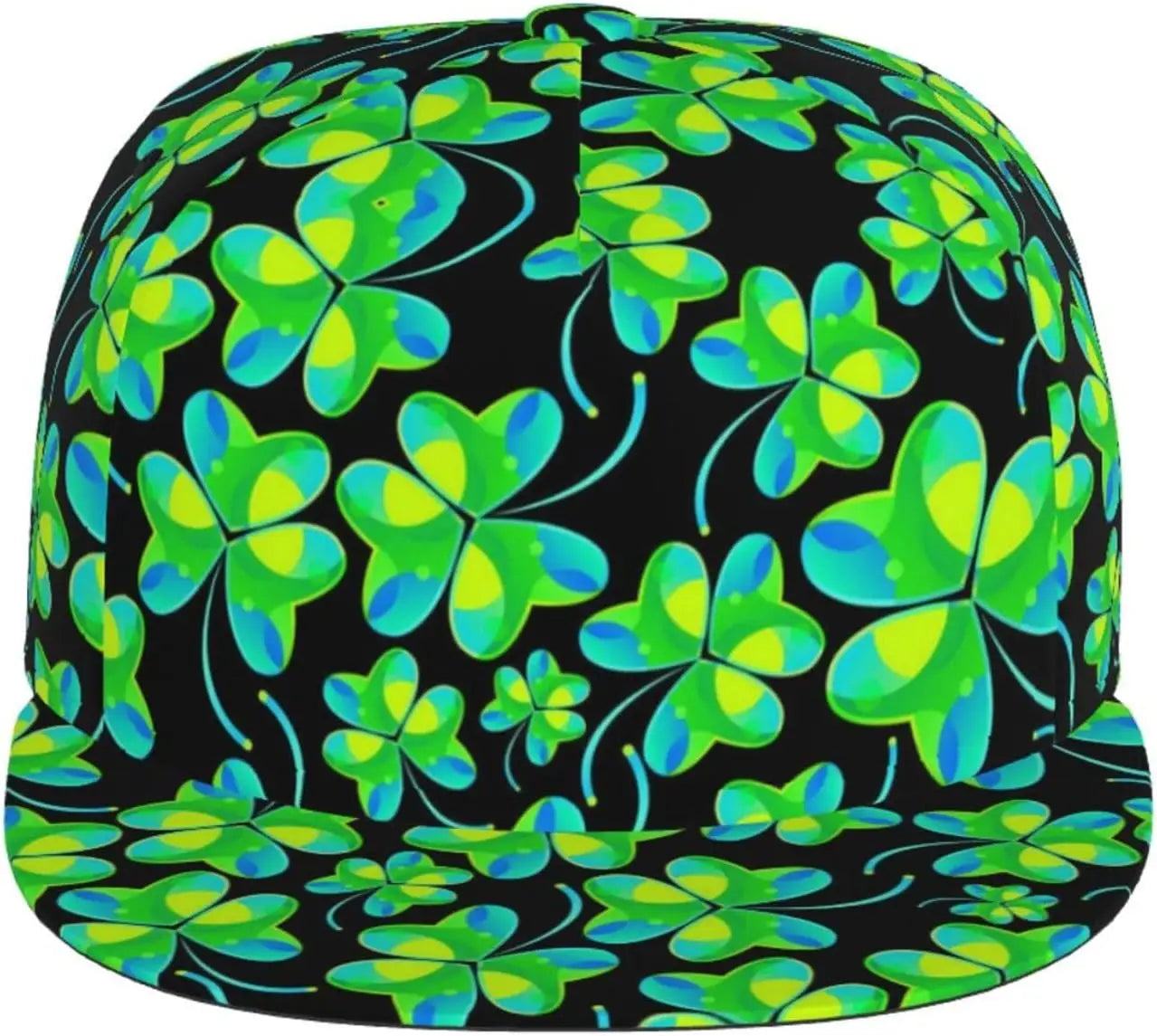 Multi angle image of Irish Shamrock Lucky-7 Snapback with 4-leaf clovers and charms in the style of the Snapback Shamrock design Tropical Charms