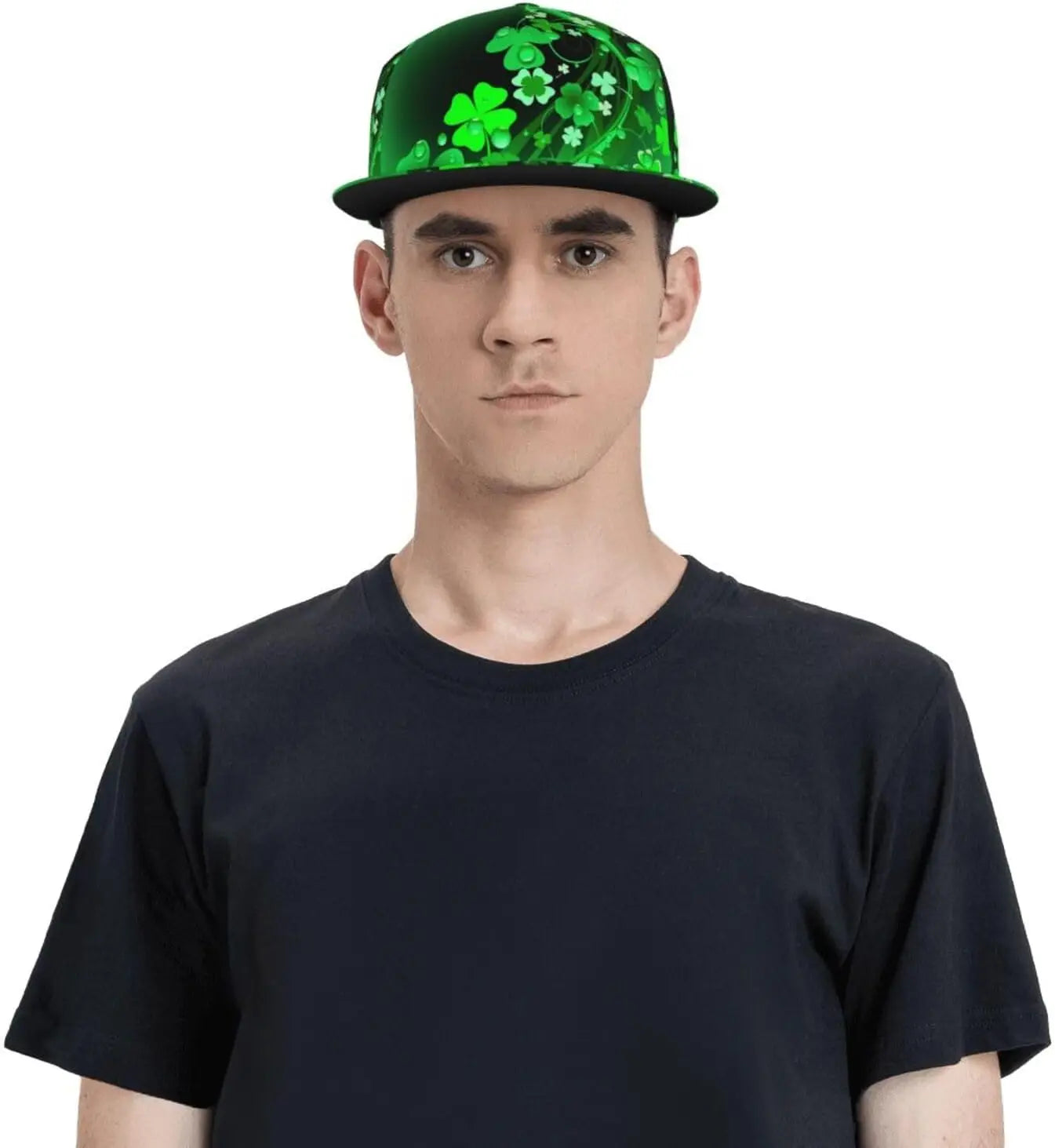 Man wearing Irish Shamrock Lucky-7 Snapback with 4-leaf clovers and charms in the style of the Snapback Shamrock design illuminating charms
