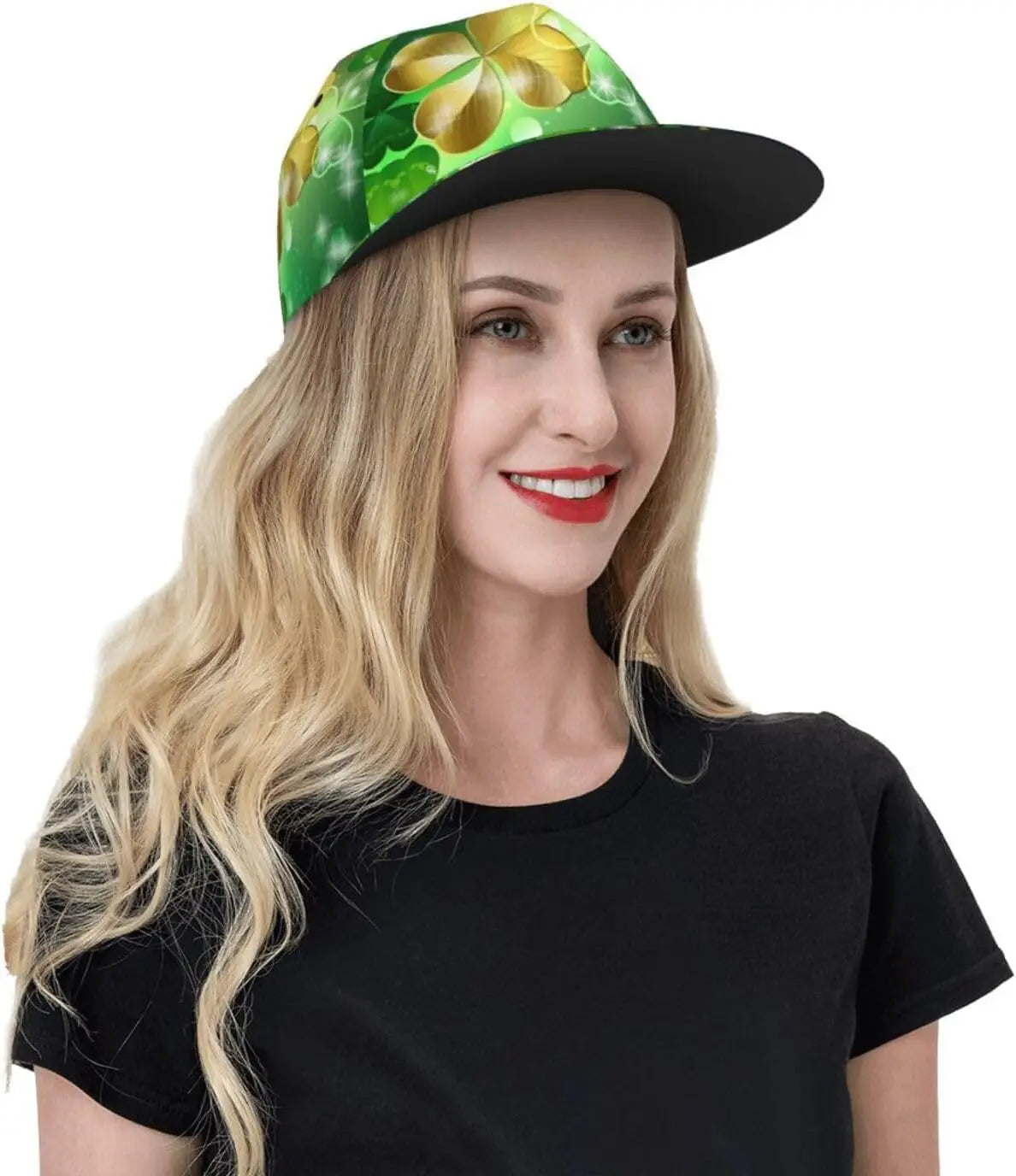 Model Woman wearing Irish Shamrock Lucky-7 Snapback with 4-leaf clovers and charms in the style of the Snapback Shamrock design Fairy Charms