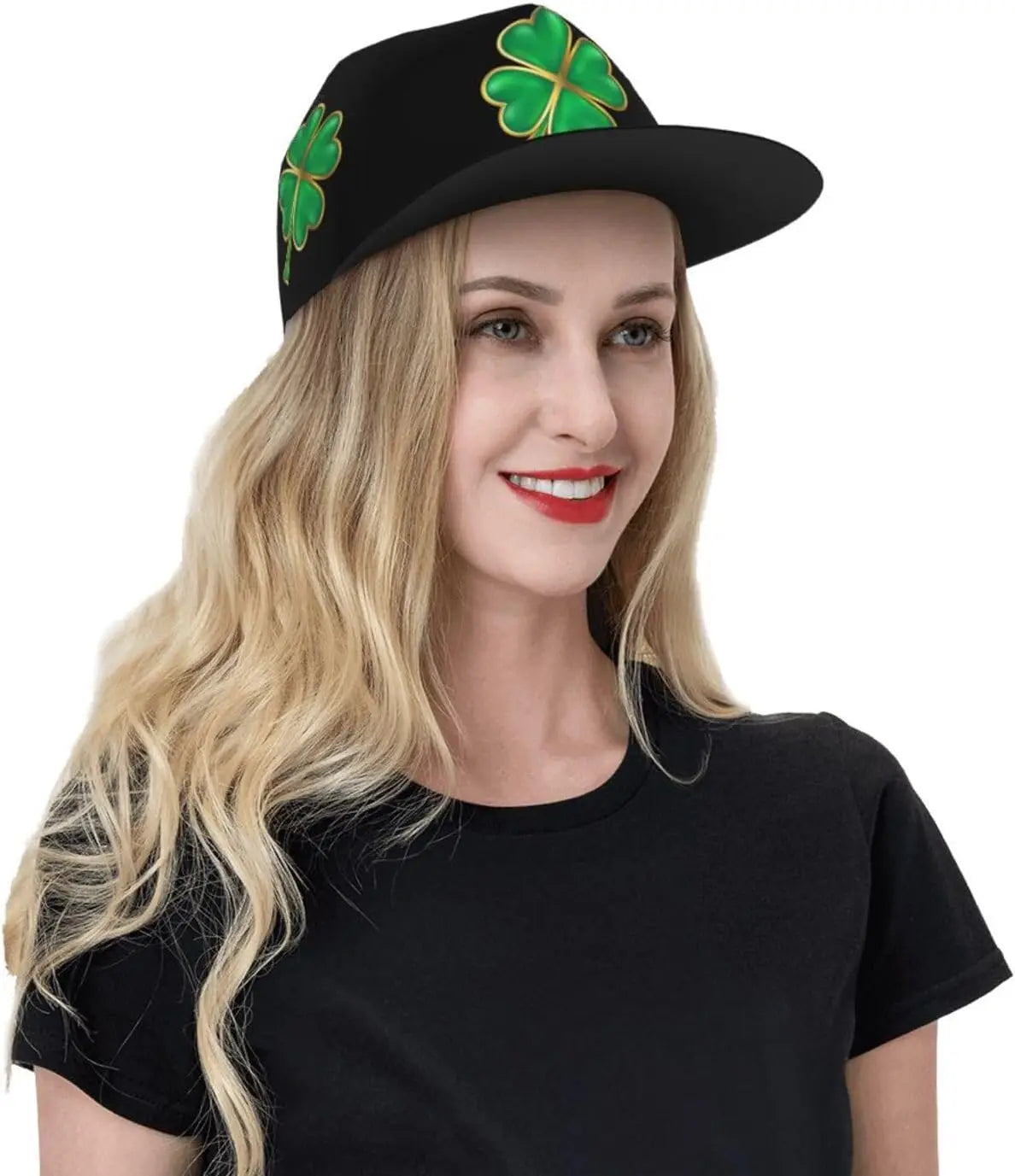 Model Woman wearing Irish Shamrock Lucky-7 Snapback with 4-leaf clovers and charms in the style of the Snapback Shamrock design Solid Charms