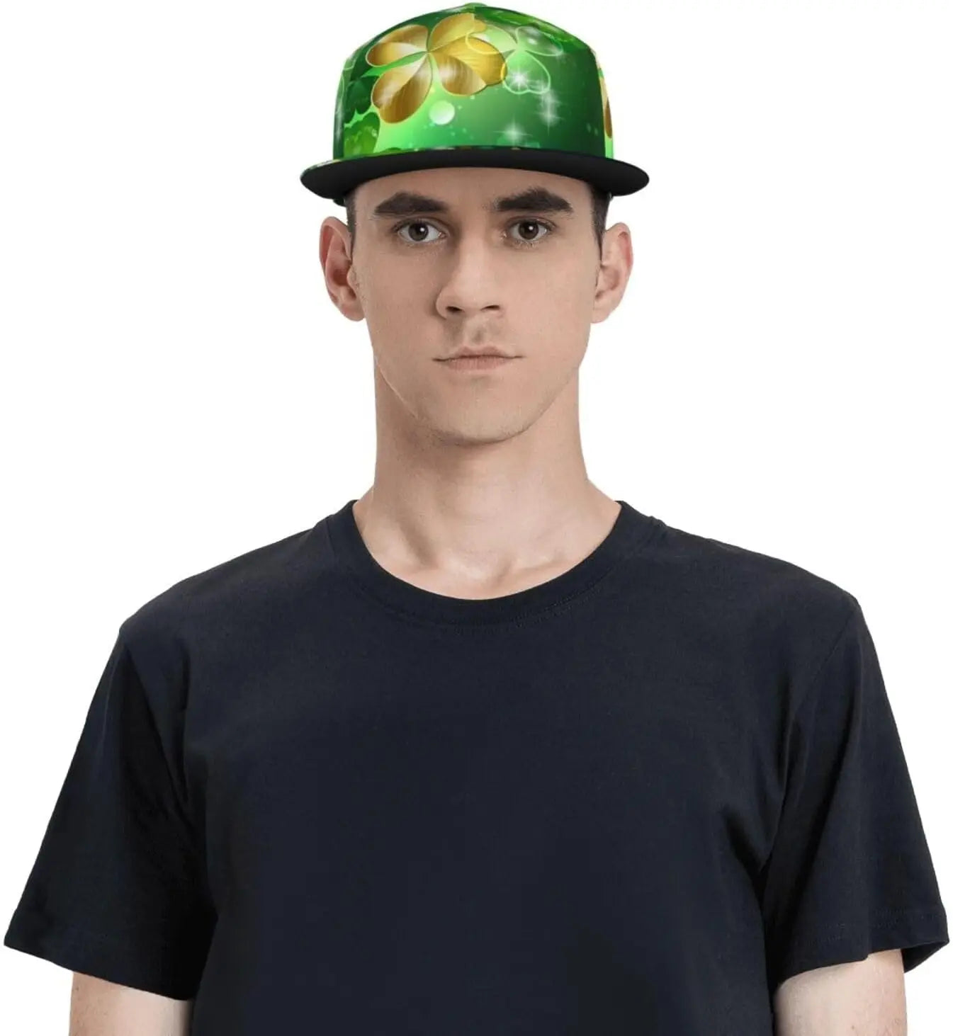 Man wearing Irish Shamrock Lucky-7 Snapback with 4-leaf clovers and charms in the style of the Snapback Shamrock design Fairy Charms