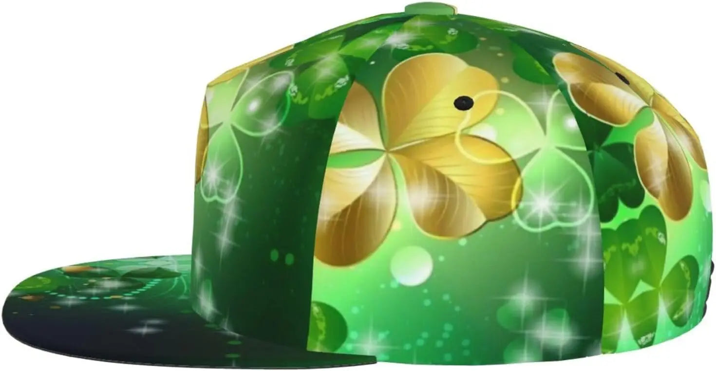 Multi angle image of Irish Shamrock Lucky-7 Snapback with 4-leaf clovers and charms in the style of the Snapback Shamrock design Fairy Charms
