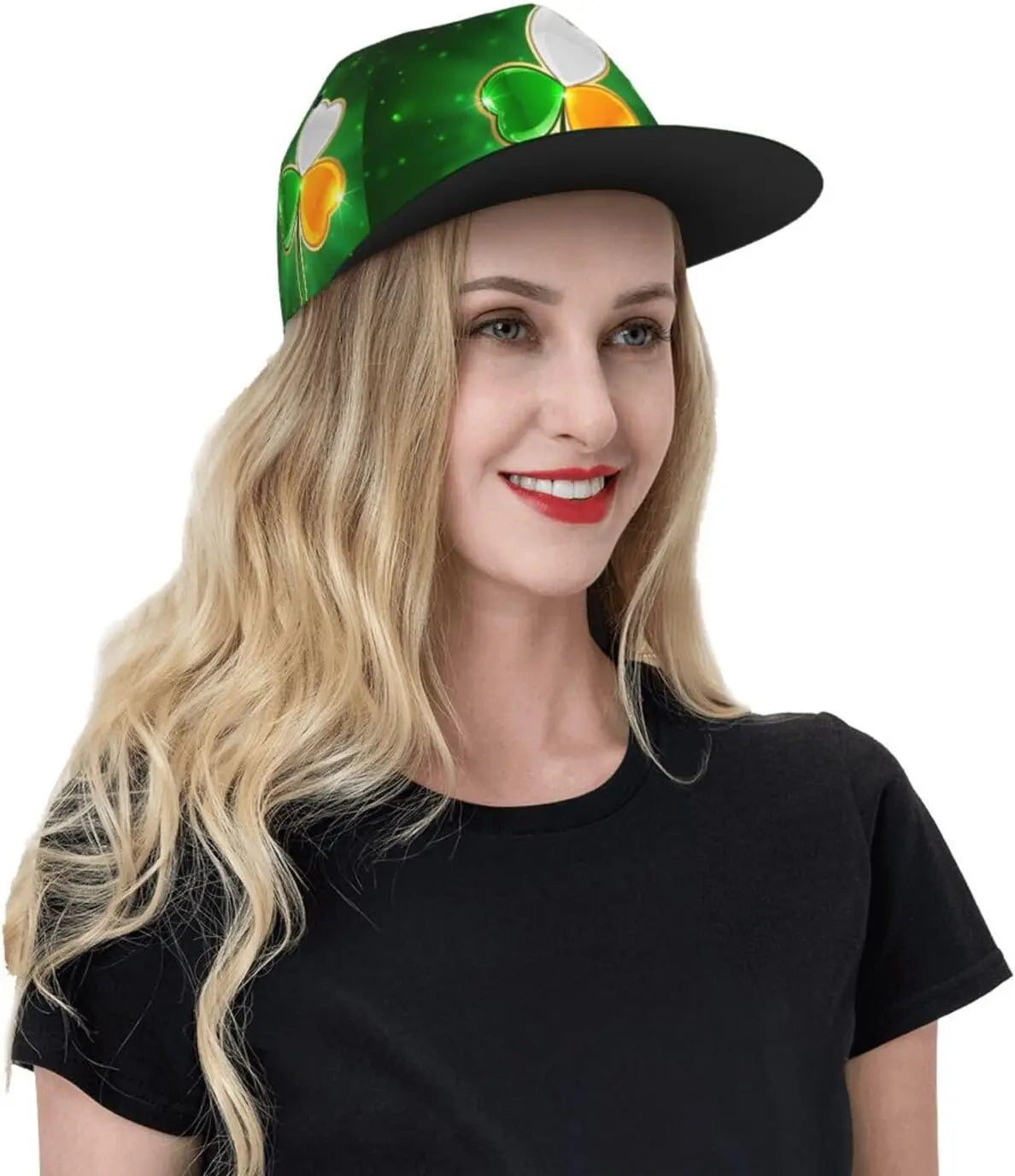 Female Model wearing Irish Shamrock Lucky-7 Snapback with 4-leaf clovers and charms in the style of the Snapback Shamrock design Fairy Charms