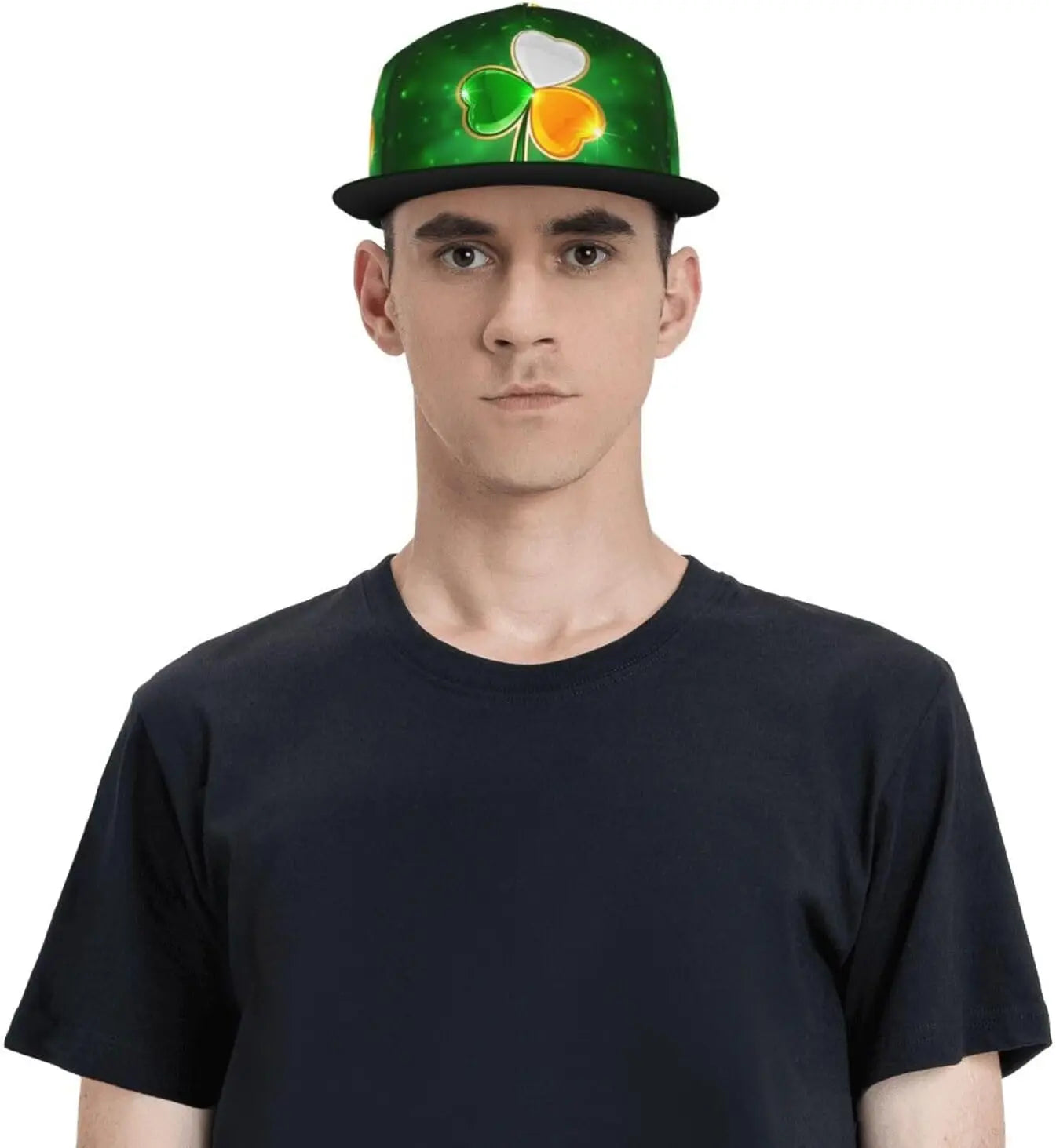 Male Model wearing Irish Shamrock Lucky-7 Snapback with 4-leaf clovers and charms in the style of the Snapback Shamrock design Fairy Charms