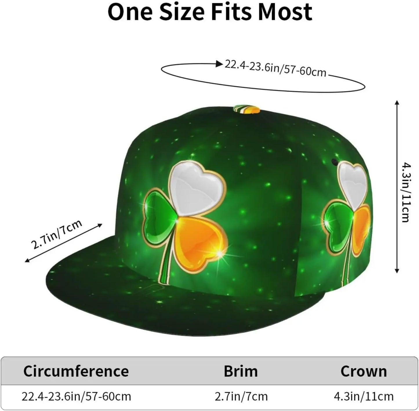 Multi angle image of Irish Shamrock Lucky-7 Snapback with 4-leaf clovers and charms in the style of the Snapback Shamrock design Glow Charms size dimensions