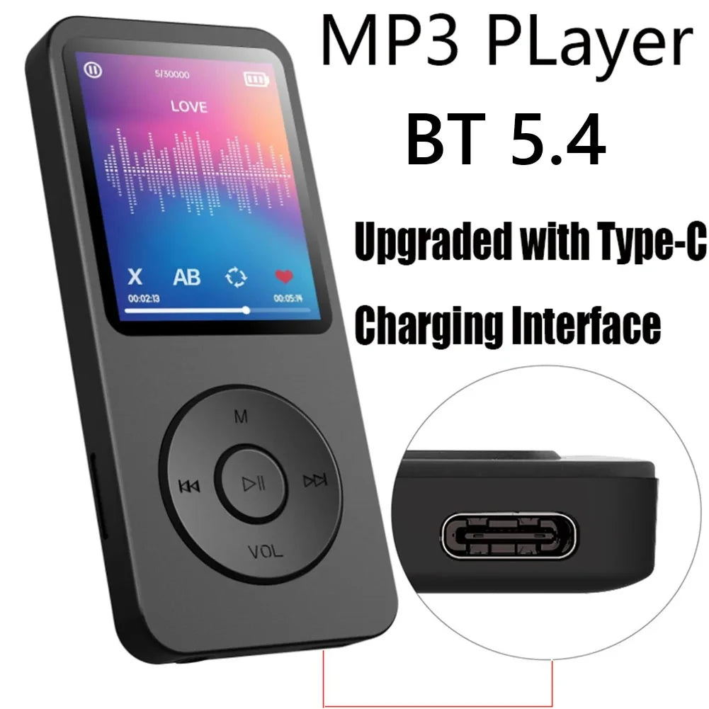 Black MP3 player with Bluetooth 5.4 and Type-C charging interface on a white background