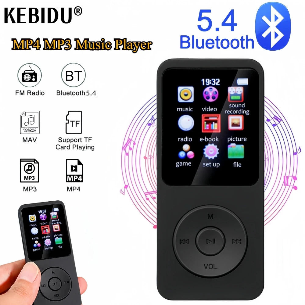 Black MP4 MP3 music player with Bluetooth 5.4 on a white background