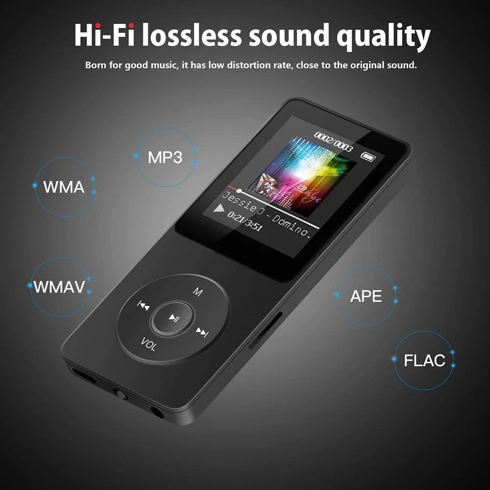 Black digital music player with display showing music playback on a dark background, highlighting Hi-Fi lossless sound quality.