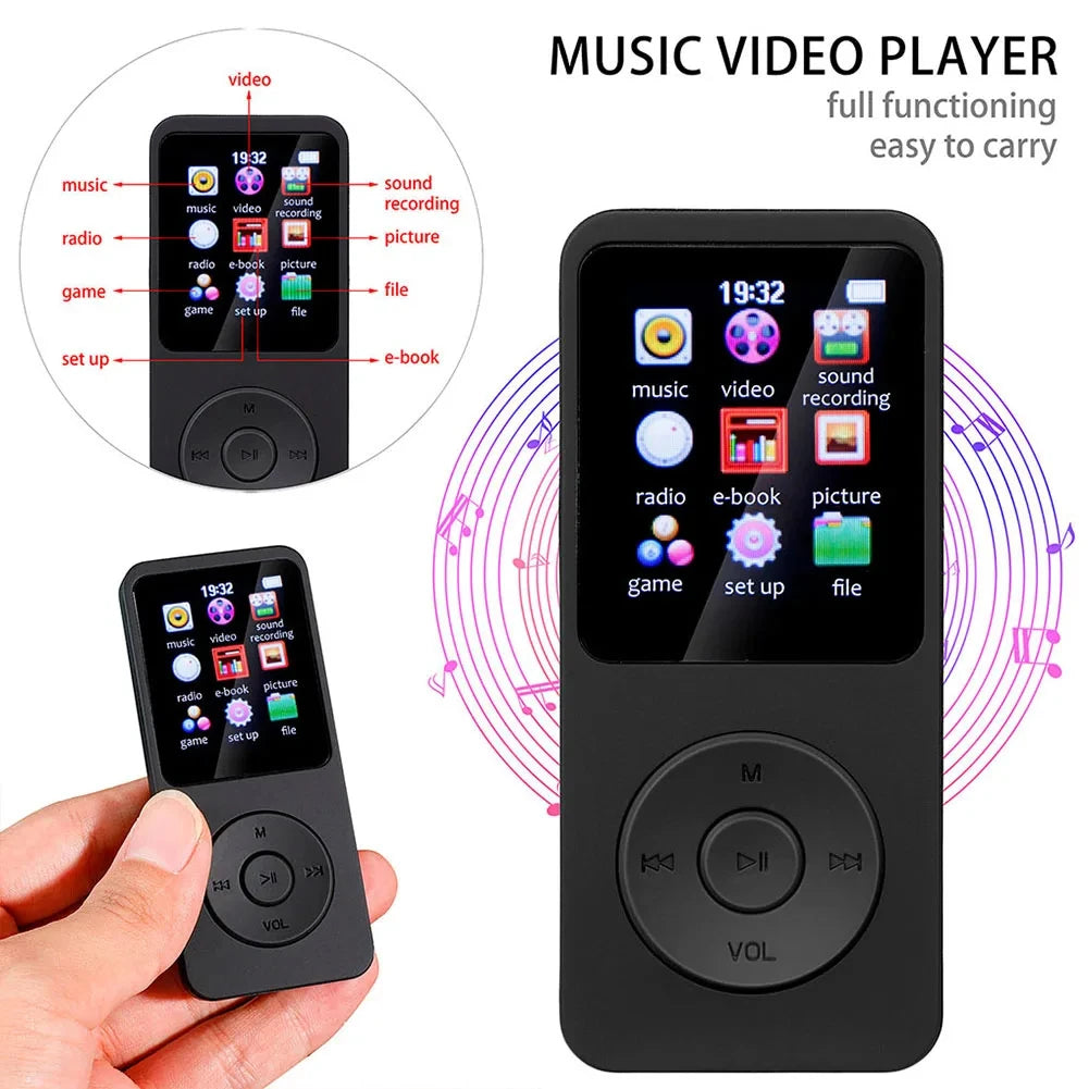 Black music video player with display and buttons, held in a hand, on a white background.