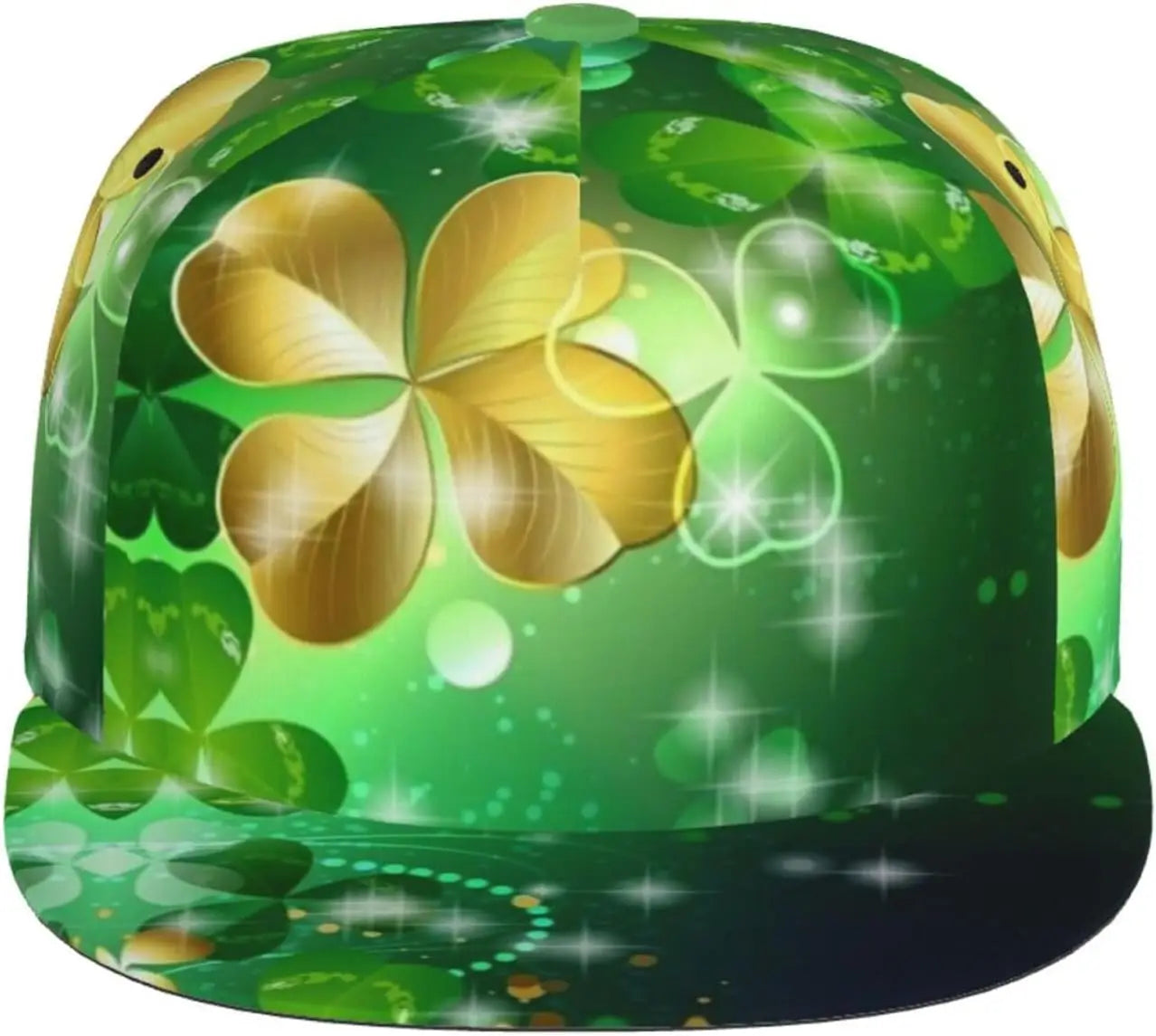 Multi angle image of Irish Shamrock Lucky-7 Snapback with 4-leaf clovers and charms in the style of the Snapback Shamrock design Fairy Charms
