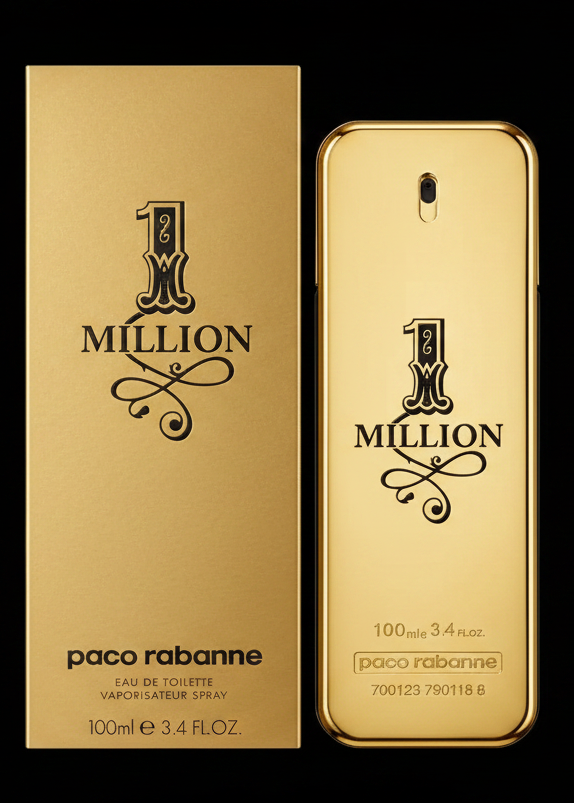 Paco Rabanne 1 Million perfume bottle and packaging on a black background