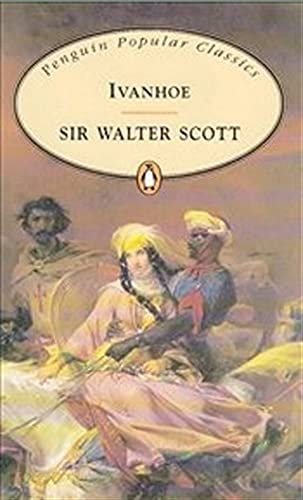 Book cover of 'Ivanhoe' by Sir Walter Scott with a vintage illustration of a couple on a horse.