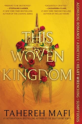 Book cover of 'This Woven Kingdom' with a woven design and roses on a yellow background