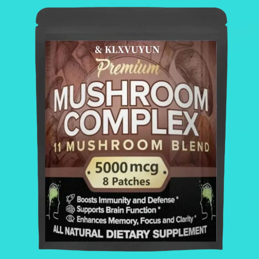 Mushroom complex supplement package with text on a teal background
