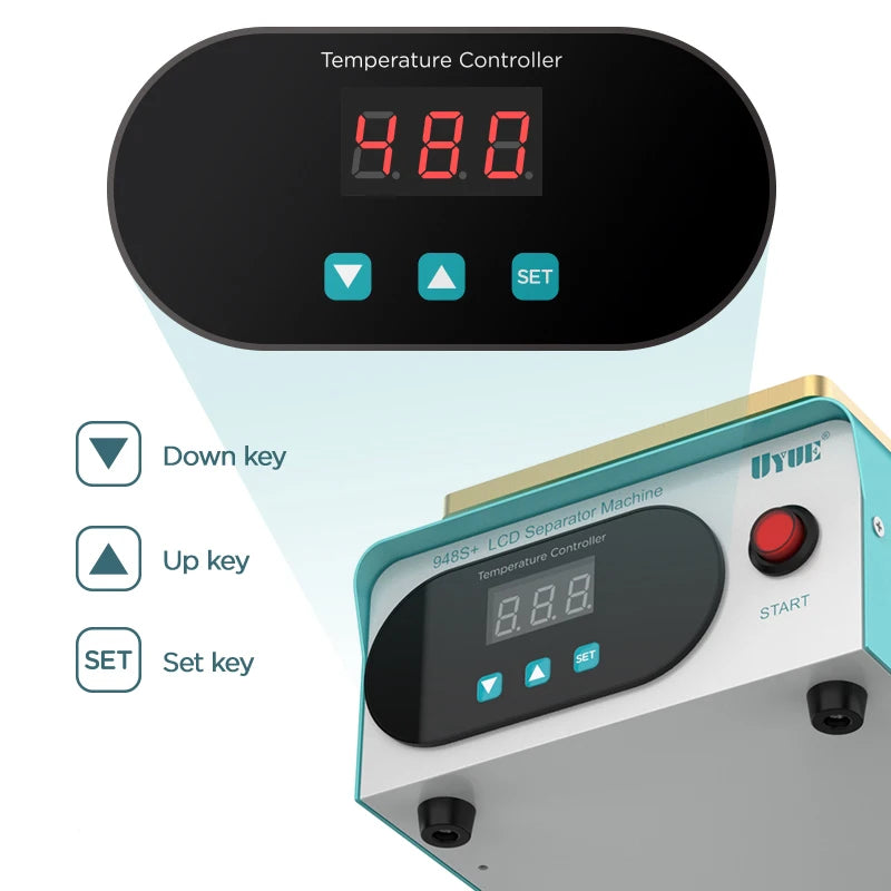 Temperature controller with digital display and labeled keys on a white background
